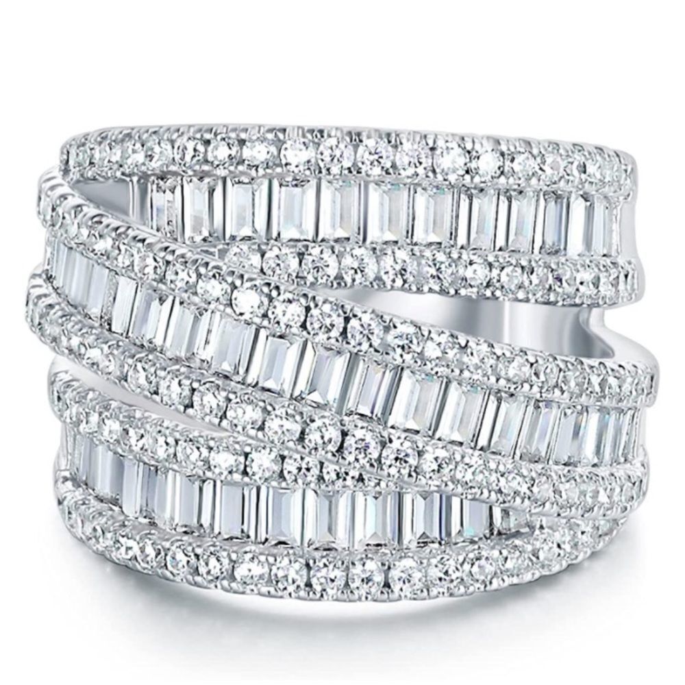 18K White Gold and 3 Row White Diamond Cubic Zirconia Wide Band Ring